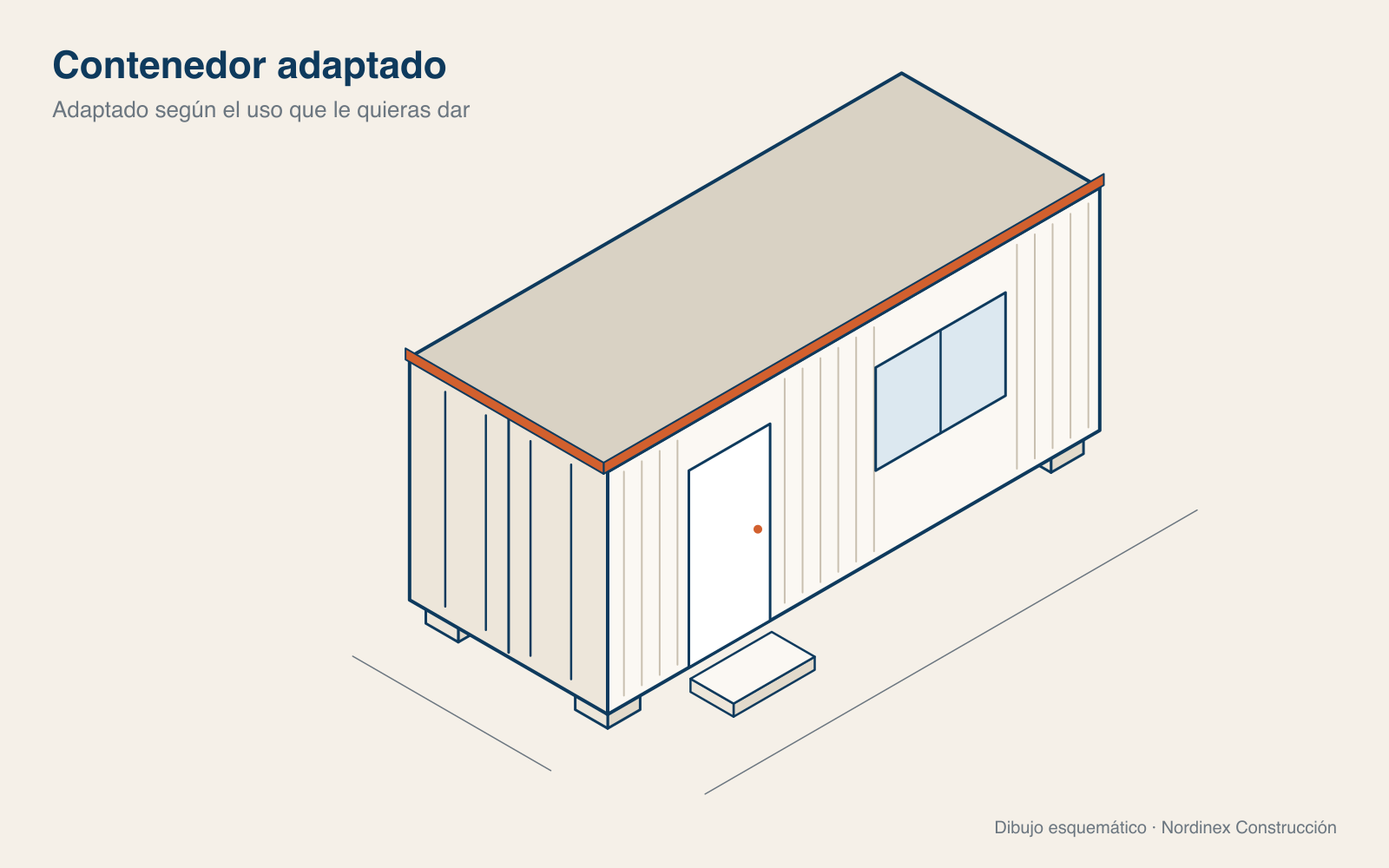 Dibujo en perspectiva de un contenedor de 20 pies adaptado, con puerta y ventana de aluminio