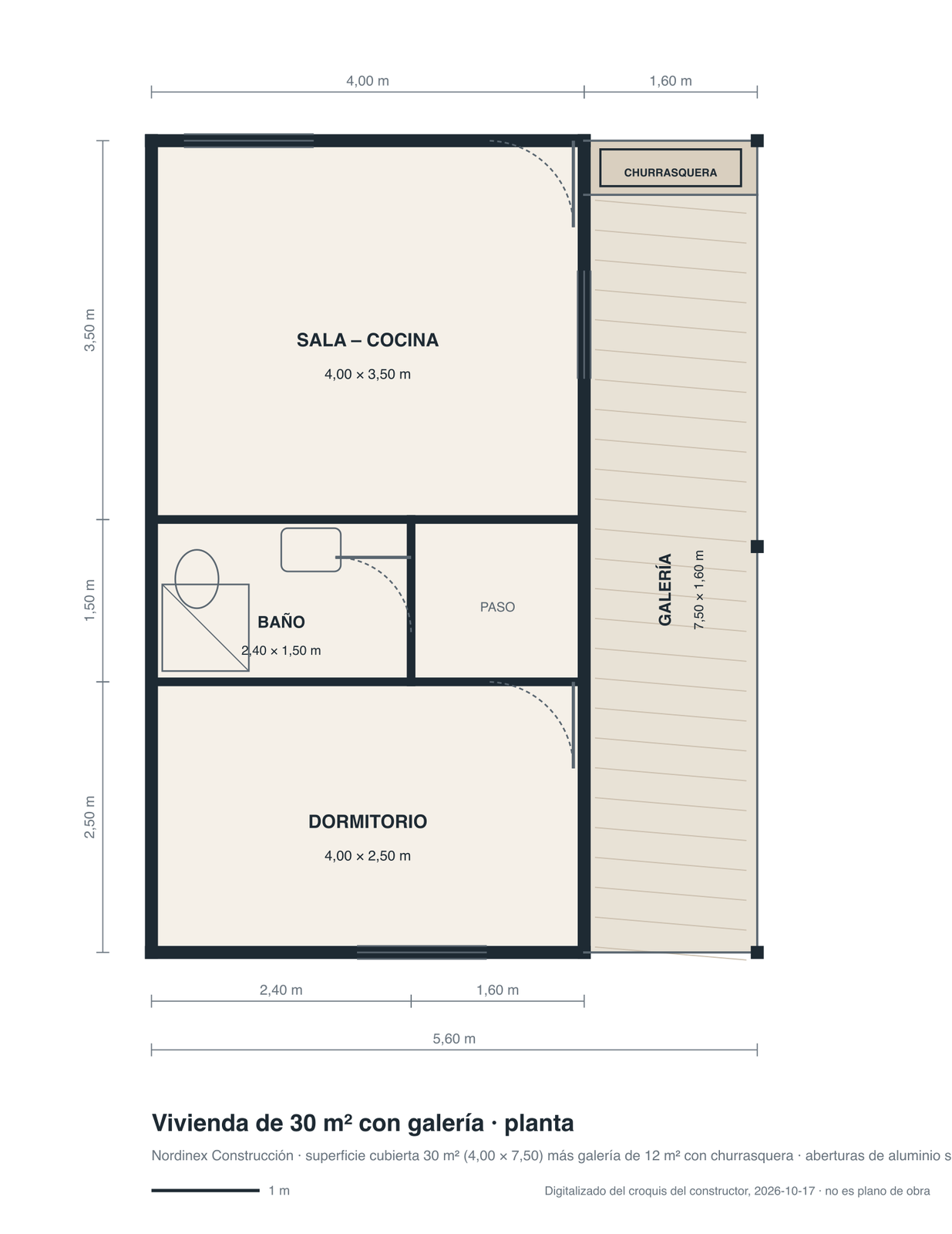 Planta de la vivienda de 30 m²: sala-cocina, baño, dormitorio y galería con churrasquera
