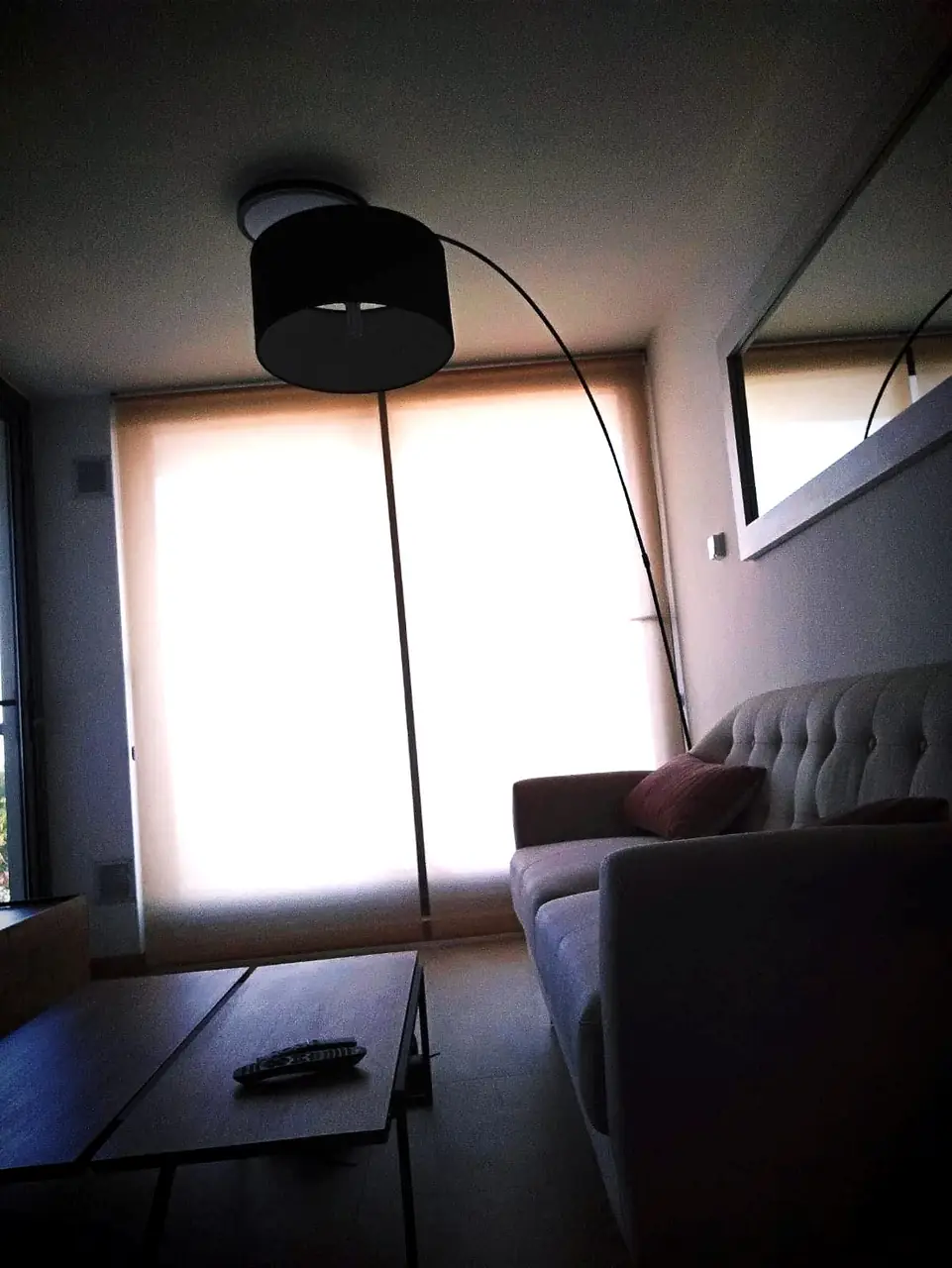 Living con cortinas roller screen y una lámpara de pie