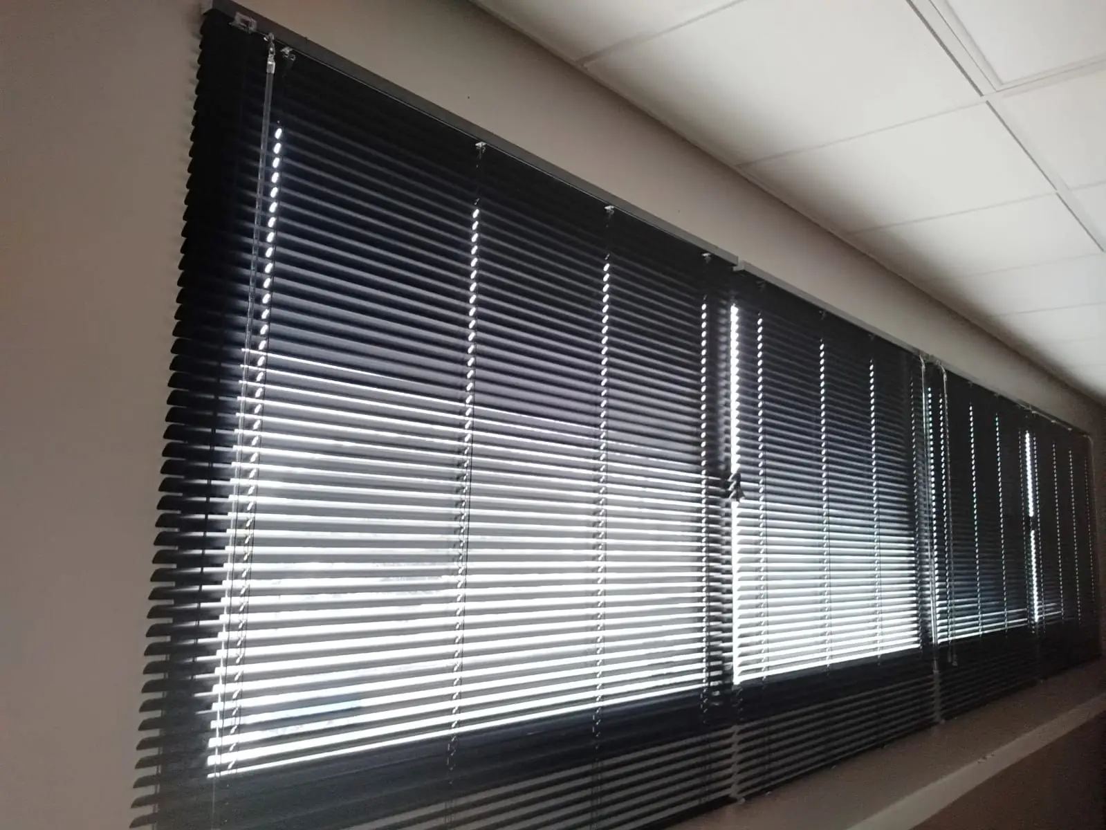 Venecianas de aluminio negras en una fila de ventanas de oficina